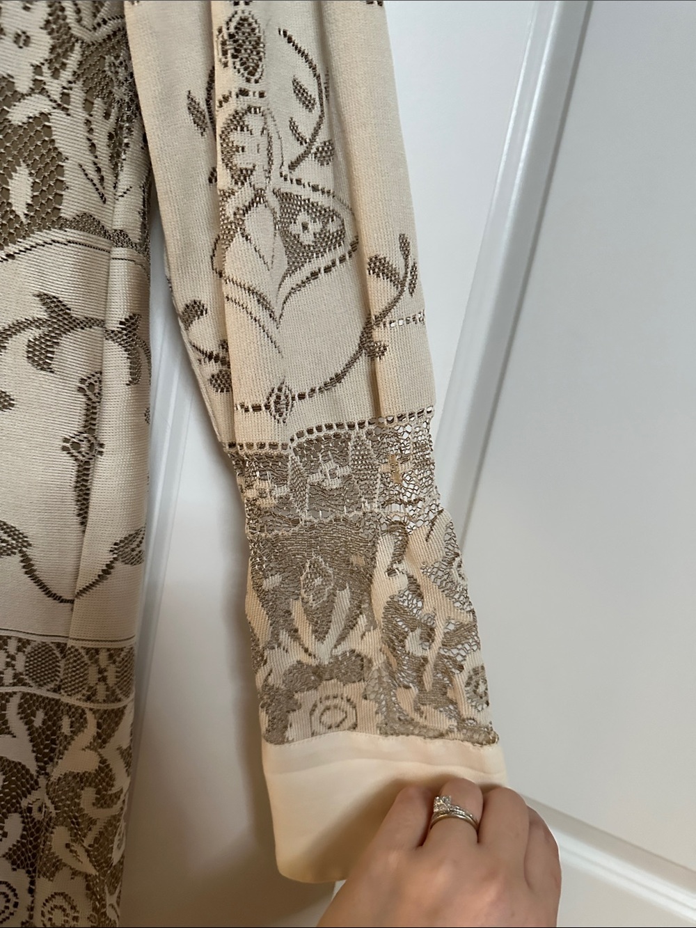 Anna Sui Cream and Brown Lace-Patterned Girls' Formal Dress with Blue Bow - Picture 4 of 4